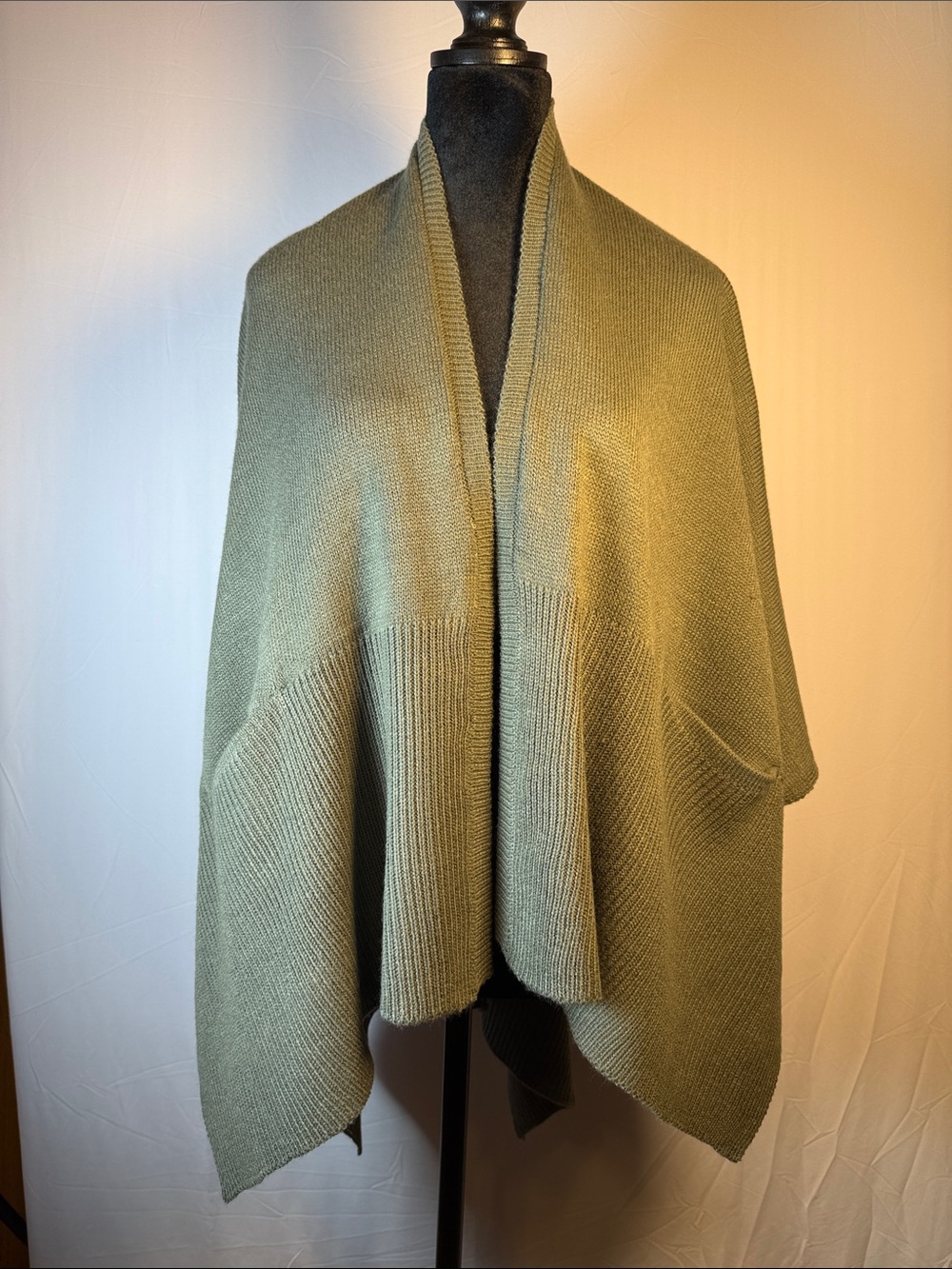 Charlie Paige Olive Knit Open-Front Poncho Shawl Wrap With Pockets